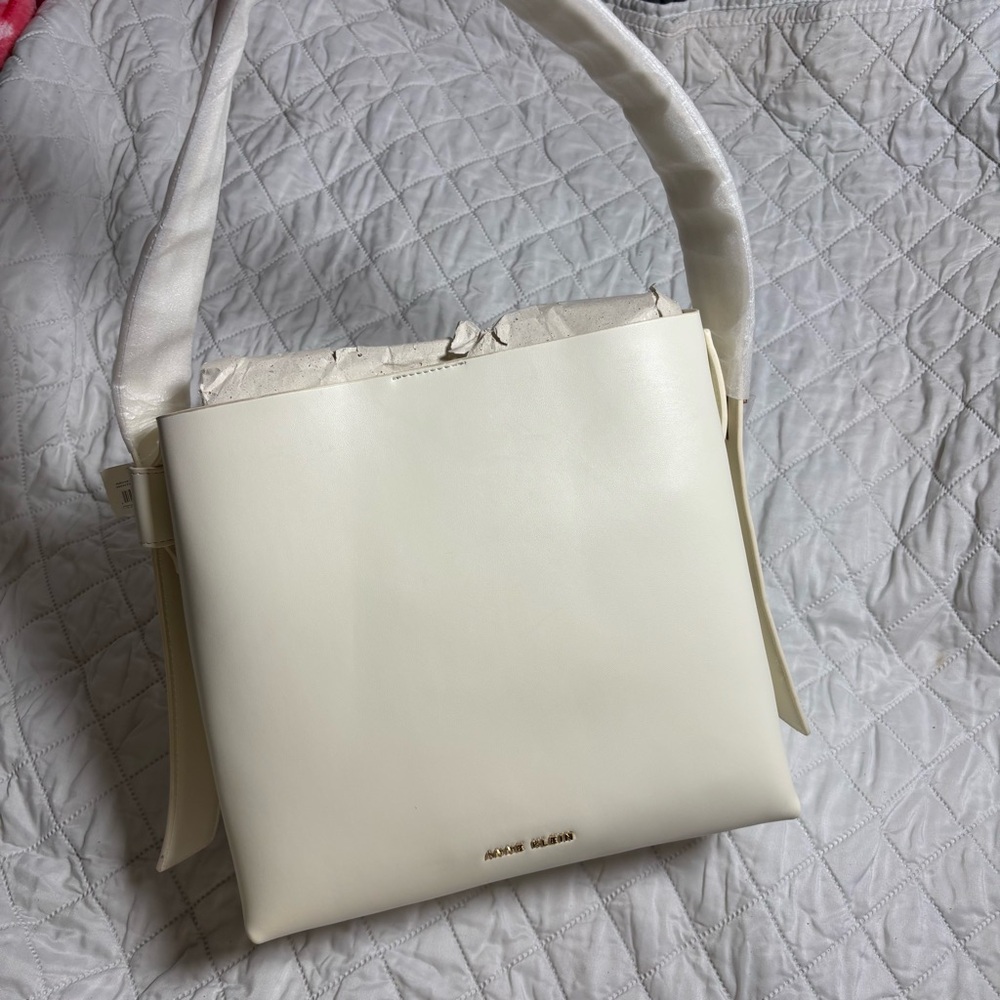 Anne Klein Ivory Leather Shoulder Bag with Gold Logo